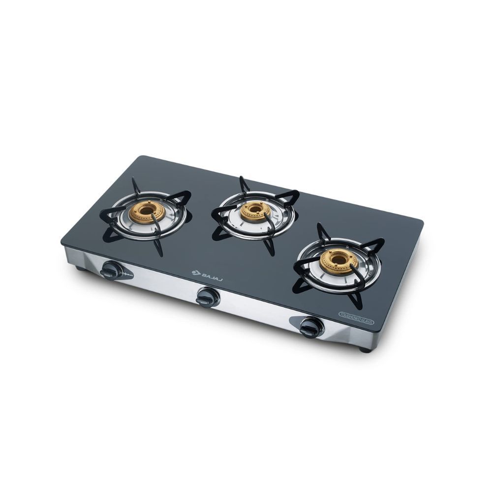 Bajaj CGX3, 3-Burner Open Stainless Steel Glass, ISI Certified, Gas Stove (Black, Manual Ignition)