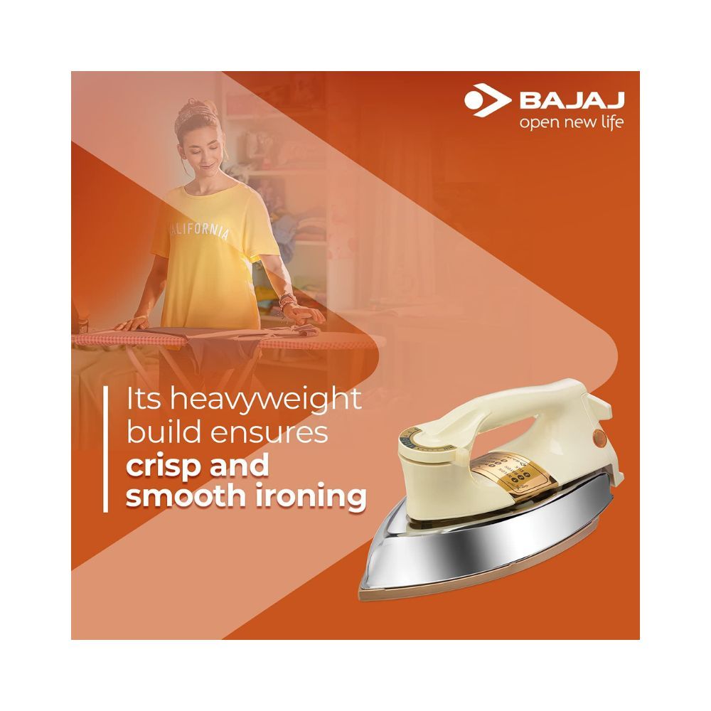 Bajaj DHX-9 1000W Heavy Weight Dry Iron with Advance Soleplate and Anti-bacterial German Coating Technology, Ivory