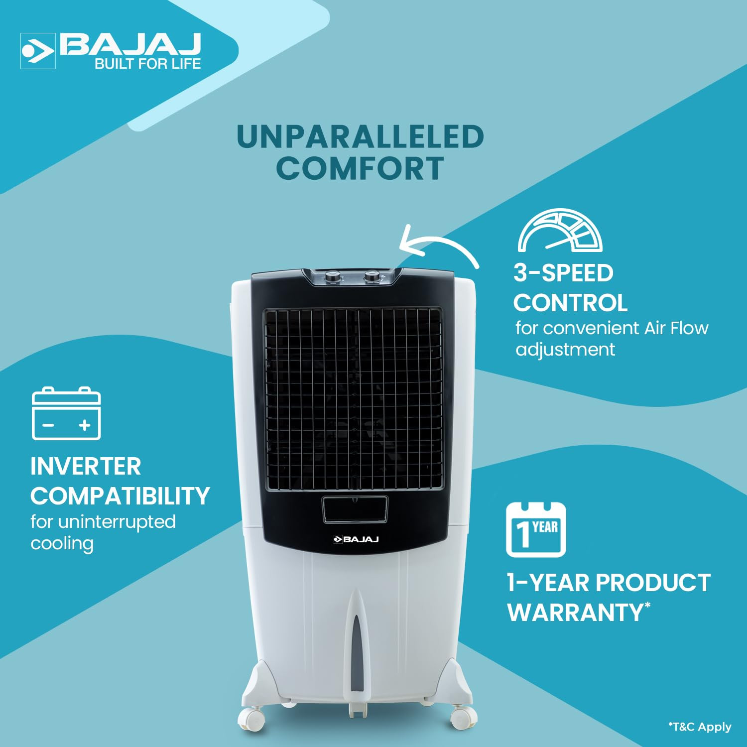 Bajaj DMH 95 95L Desert Air Cooler with DuraMarine Pump 2-Yr Warranty by Bajaj Ice Chamber Antibacterial Hexacool Technology 100 feet Air Throw  3-Speed Control White Air Cooler for home