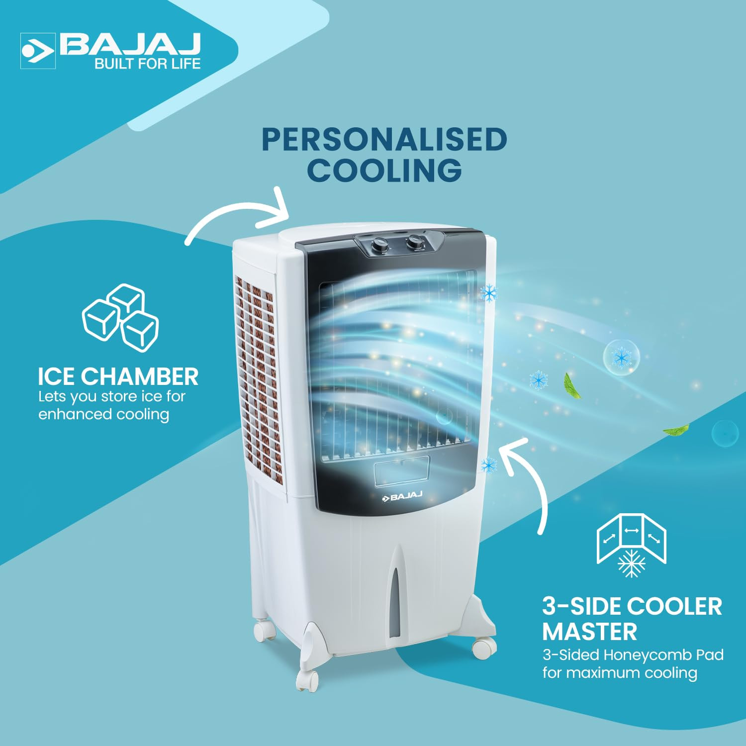 Bajaj DMH 95 95L Desert Air Cooler with DuraMarine Pump 2-Yr Warranty by Bajaj Ice Chamber Antibacterial Hexacool Technology 100 feet Air Throw  3-Speed Control White Air Cooler for home