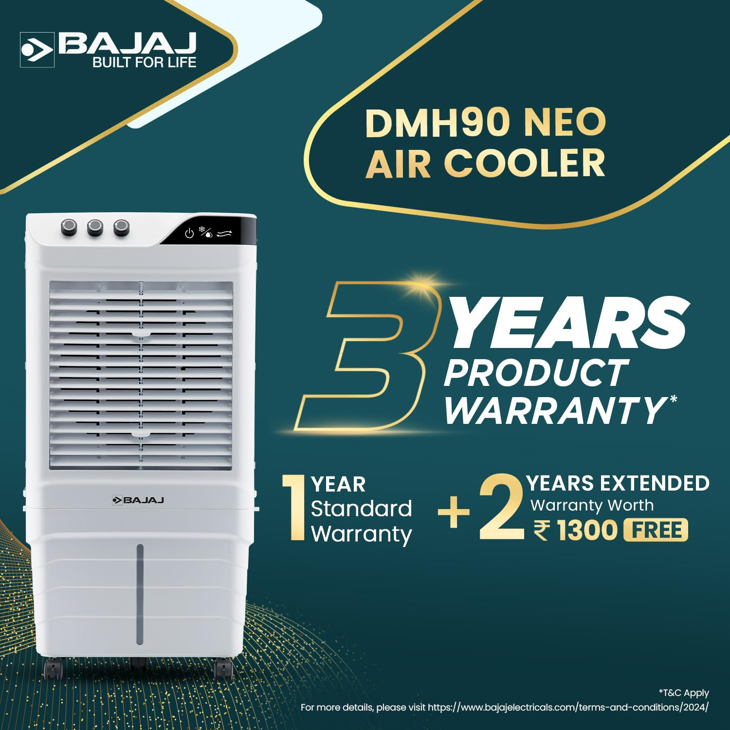 Bajaj DMH90 Neo 90L Desert Air Cooler For Home  For Larger Room  Big Ice Chamber  High-Speed  Invertor Compatible  90Ft Air Throw  3 Yrs Warranty 1 Yr Standard  2 Yrs Extended WarrantyWhite