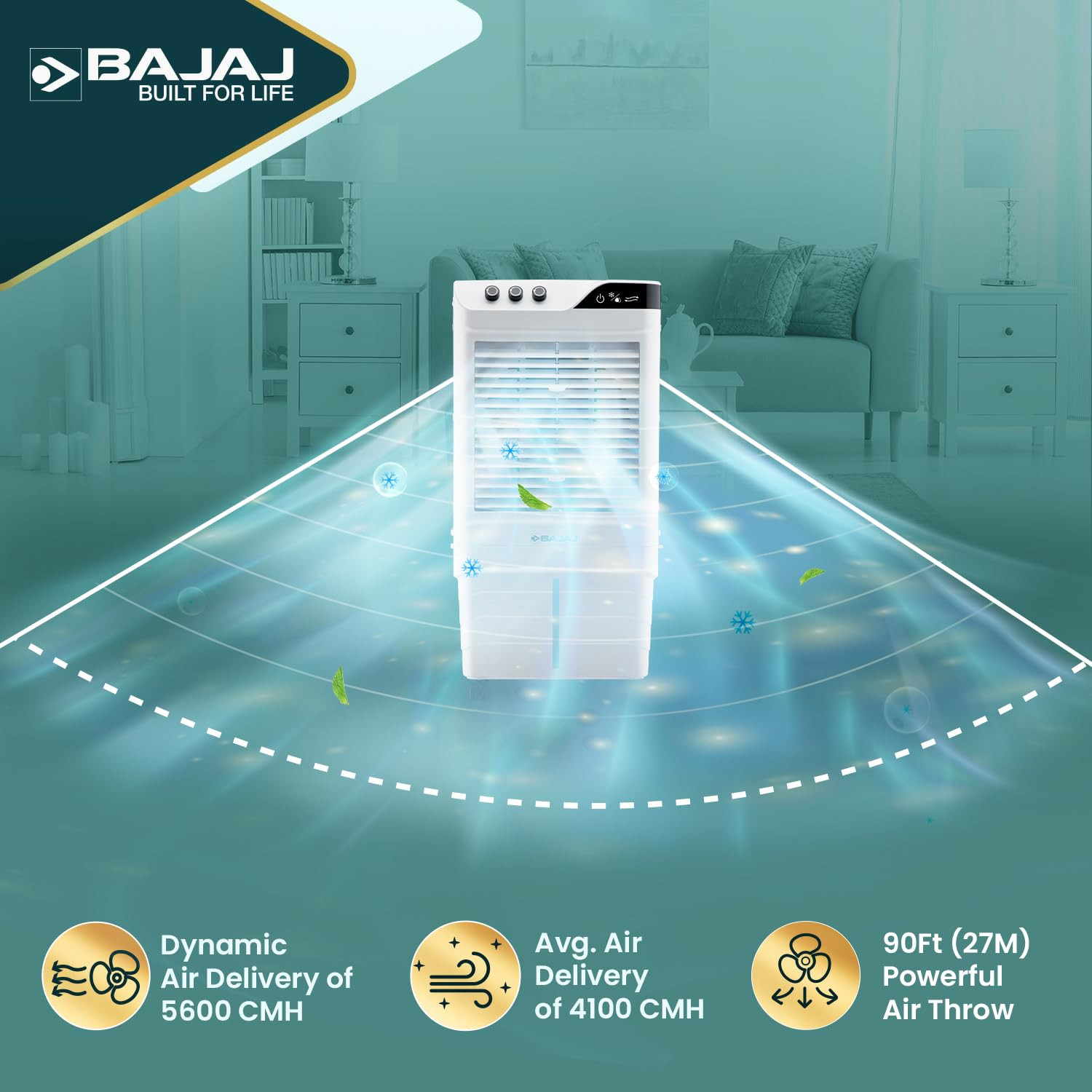 Bajaj DMH90 Neo 90L Desert Air Cooler For Home  For Larger Room  Big Ice Chamber  High-Speed  Invertor Compatible  90Ft Air Throw  3 Yrs Warranty 1 Yr Standard  2 Yrs Extended WarrantyWhite