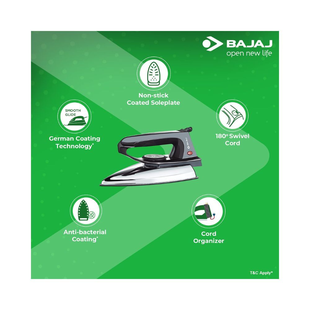 Bajaj DX-2 600W Dry Iron with Advance Soleplate and Anti-bacterial German Coating Technology Black