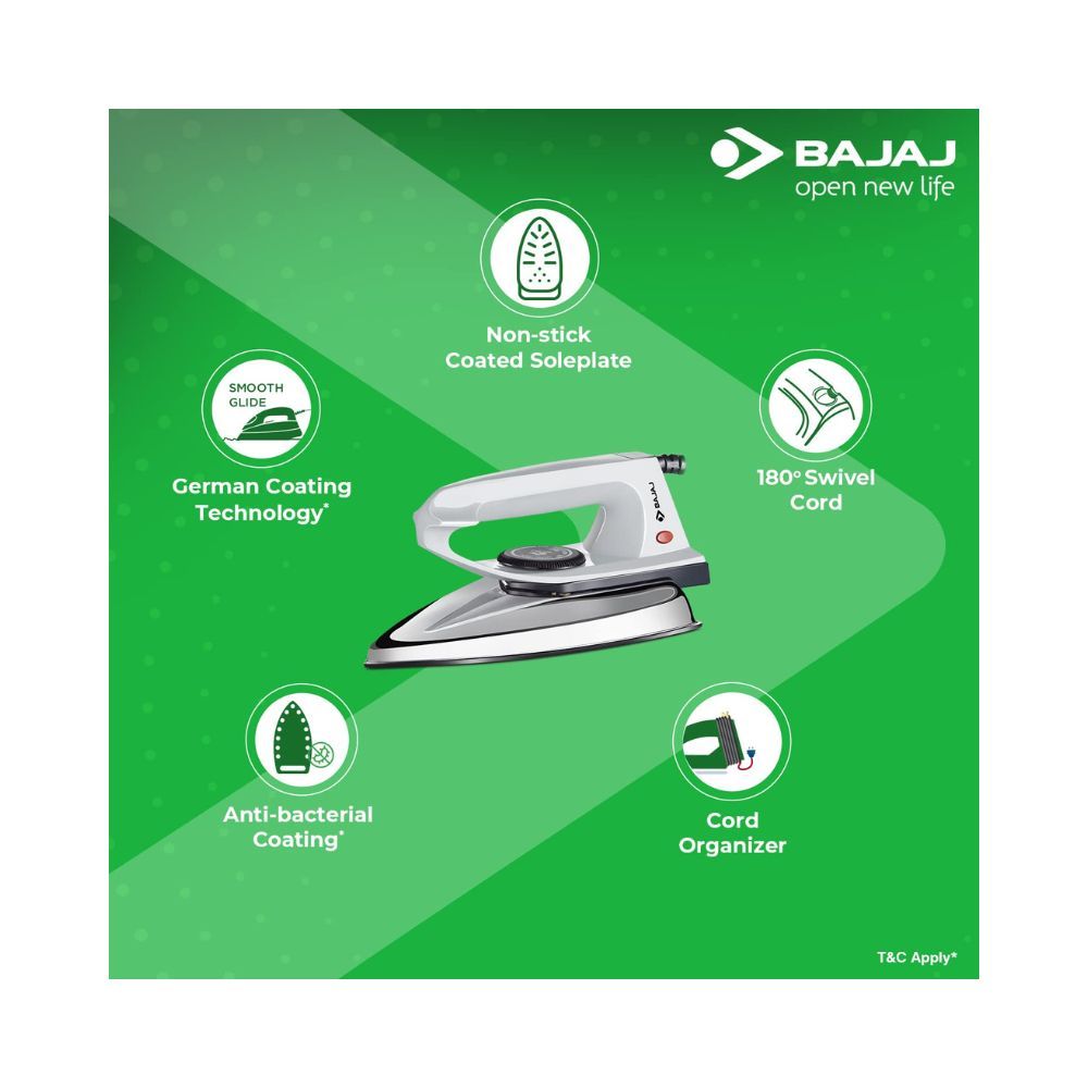 Bajaj DX-2 600W Dry Iron with Advance Soleplate and Anti-Bacterial German Coating Technology Grey