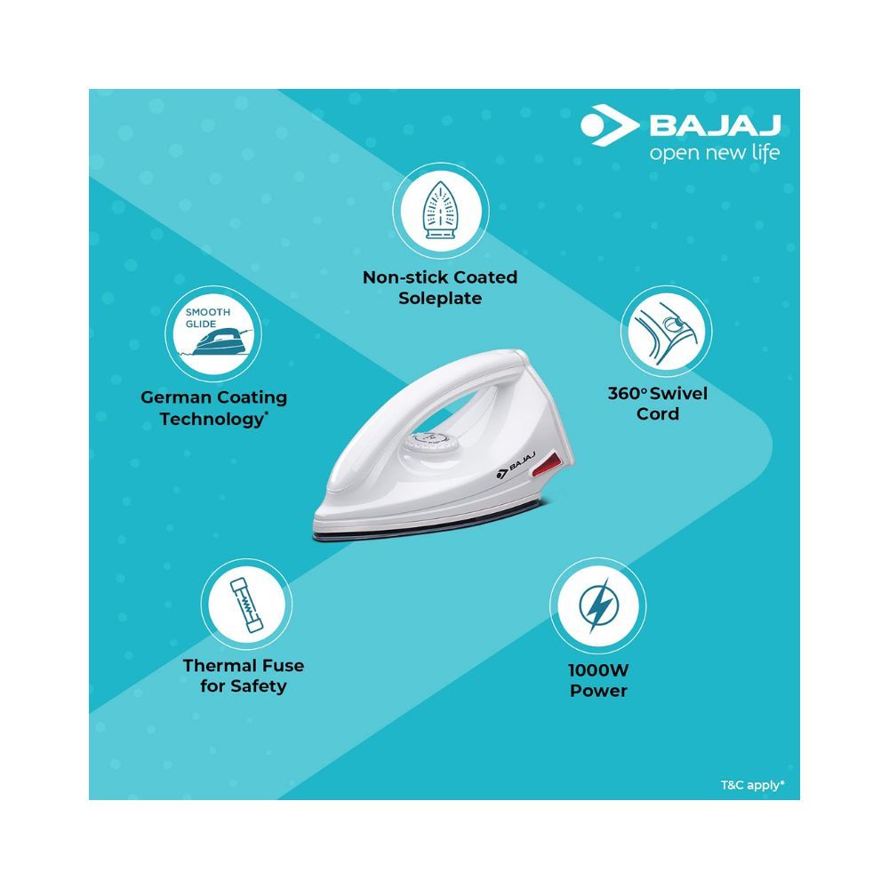 Bajaj DX-6 1000W Dry Iron with Advance Soleplate and Anti-bacterial German Coating Technology White