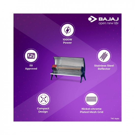 Bajaj Flashy Radiant Room Heater For Home|Stainless Steel Heat Reflector|Nickel Chrome Mesh|Adjustable Thermostat||1000W Ceramic Heater For Winter|Electric Heater For Room|2-Yr Warranty By Bajaj|Steel