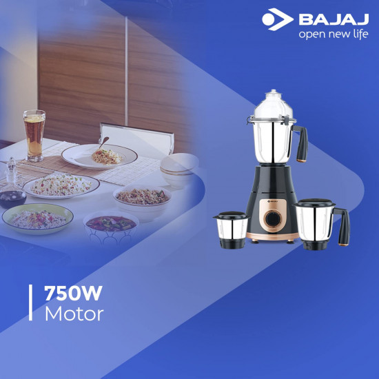 Bajaj GX-3701 750W Mixer Grinder with Nutri-Pro Feature 3 Jars Black