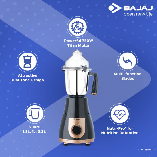 Bajaj GX-3701 750W Mixer Grinder with Nutri-Pro Feature 3 Jars Black