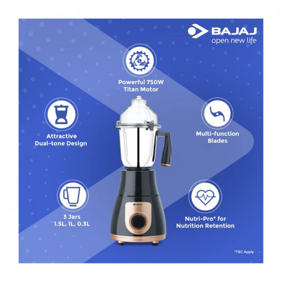 Bajaj GX-3701 750W Mixer Grinder with Nutri-Pro Feature 3 Jars Black