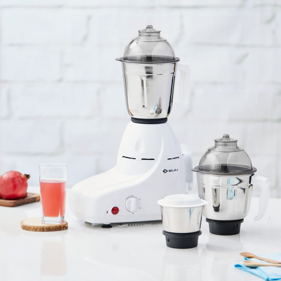 Bajaj GX-8 Mixer Grinder 750W Mixie For Kitchen with Nutri-Pro Feature3 Stainless Steel Mixer JarsStainless Steel Grinding Blades 3-Speed Control Motor Overload ProtectorWhite