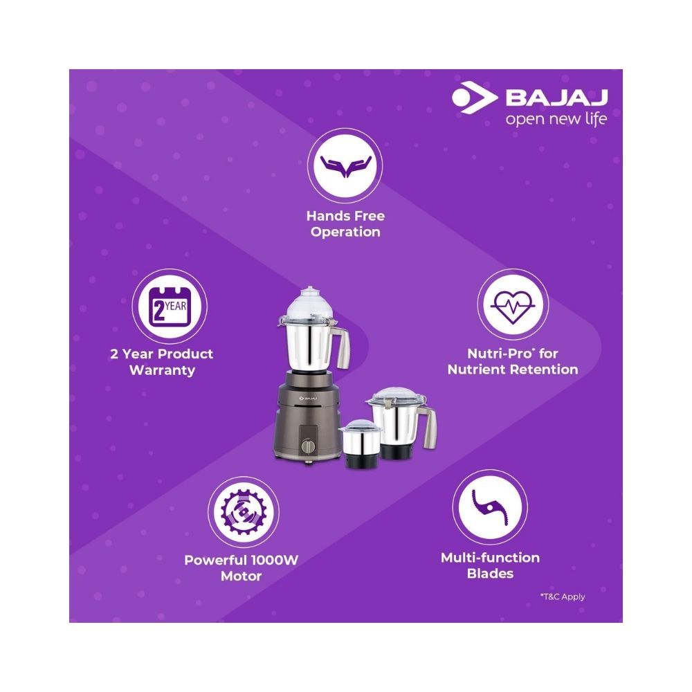 Bajaj Herculo 1000W Powerful Mixer Grinder with 3 Jars Coffee Brown and Gold