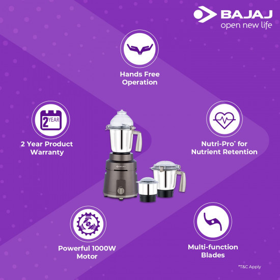 Bajaj Herculo Mixer Grinder 1000W 100 Copper Motor Mixie For Kitchen3 Stainless Steel JarsPortable  Lightweight MixerHands-Free Operation Multifunctional Blades2-Yr Warranty By BajajBrown