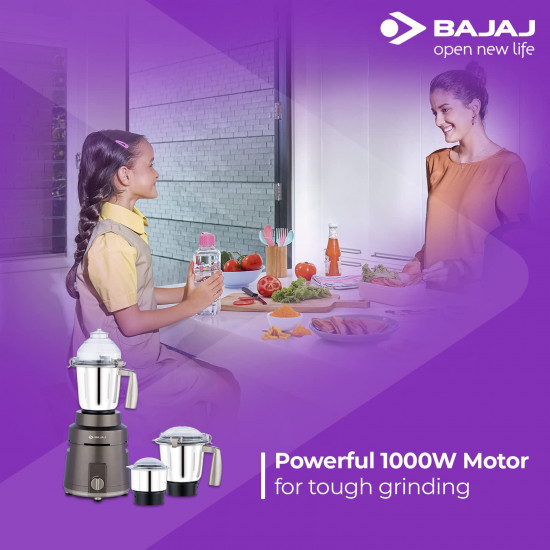 Bajaj Herculo Mixer Grinder 1000W 100 Copper Motor Mixie For Kitchen3 Stainless Steel JarsPortable  Lightweight MixerHands-Free Operation Multifunctional Blades2-Yr Warranty By BajajBrown