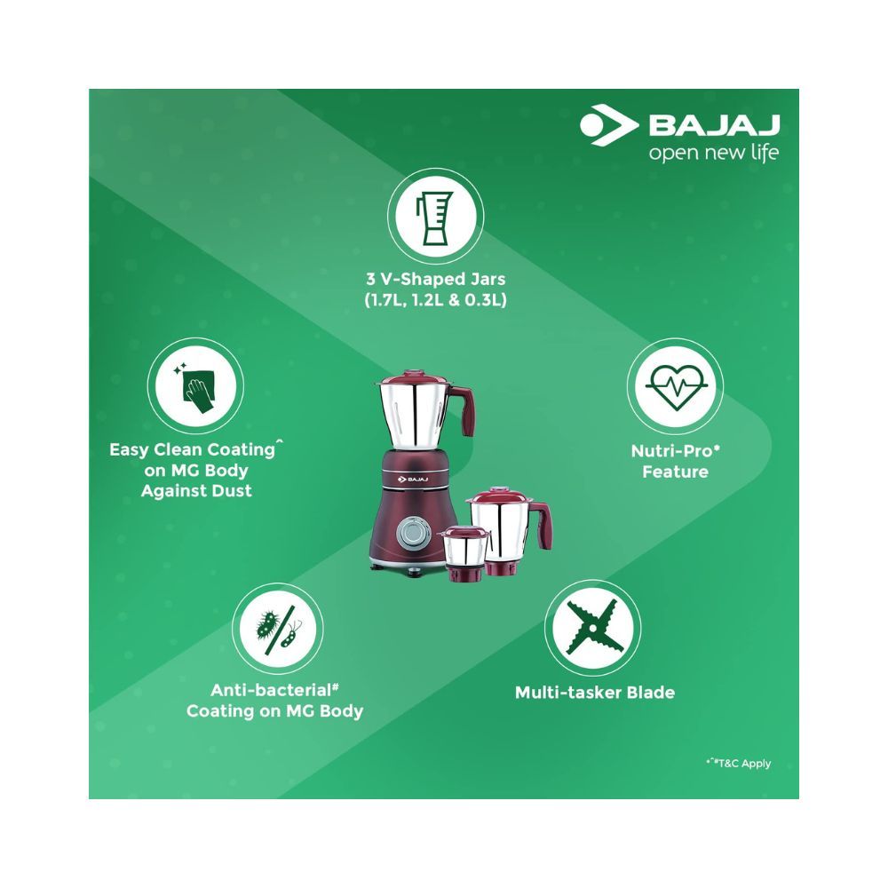 Bajaj Ivora 800W Mixer Grinder with 3 Jars Crimson Red