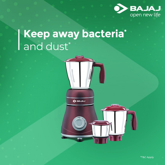 Bajaj Ivora 800W Mixer Grinder with Anti-Bacterial Coating and Nutri-Pro Feature 3 Jars Crimson Red 800 watts  Acrylonitrile Butadiene Styrene