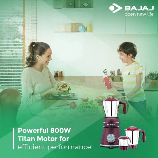 Bajaj Ivora 800W Mixer Grinder with Anti-Bacterial Coating and Nutri-Pro Feature 3 Jars Crimson Red 800 watts  Acrylonitrile Butadiene Styrene