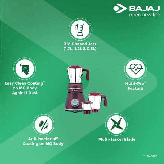 Bajaj Ivora 800W Mixer Grinder with Anti-Bacterial Coating and Nutri-Pro Feature 3 Jars Crimson Red 800 watts  Acrylonitrile Butadiene Styrene