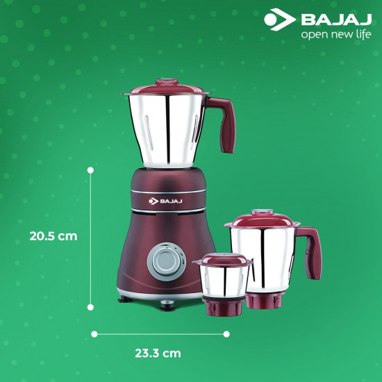 Bajaj Ivora 800W Mixer Grinder with Anti-Bacterial Coating and Nutri-Pro Feature 3 Jars Crimson Red 800 watts  Acrylonitrile Butadiene Styrene