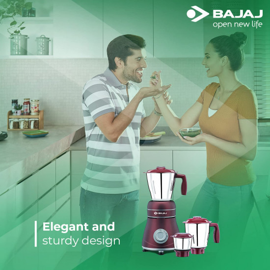 Bajaj Ivora 800W Mixer Grinder with Anti-Bacterial Coating and Nutri-Pro Feature 3 Jars Crimson Red 800 watts  Acrylonitrile Butadiene Styrene