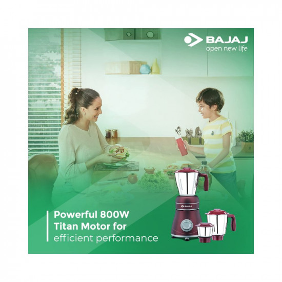 Bajaj Ivora 800W Mixer Grinder with Anti-Bacterial Coating and Nutri-Pro Feature 3 Jars Crimson Red