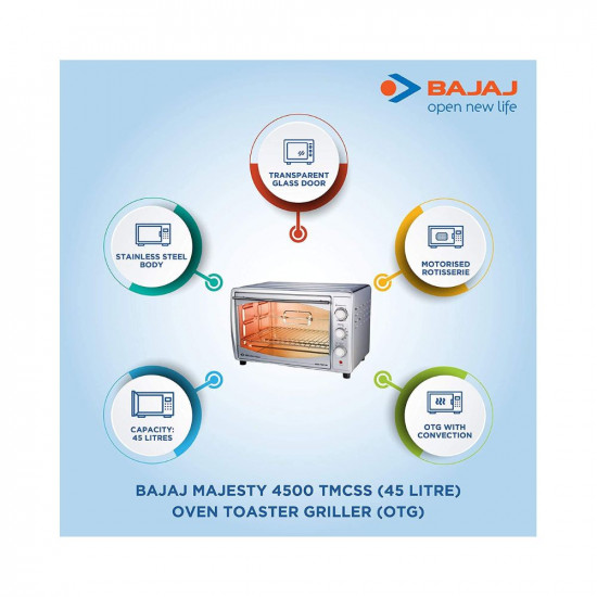 Bajaj Majesty 4500 TMCSS 45 Litre Oven Toaster Grill 45 Litres OTG with Motorised Rotisserie  Convection Fan Stainless Steel Body  Transparent Glass Door 2 Year Warranty Silver