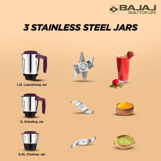Bajaj Military Series Victor 500W Mixer Grinder Lilac
