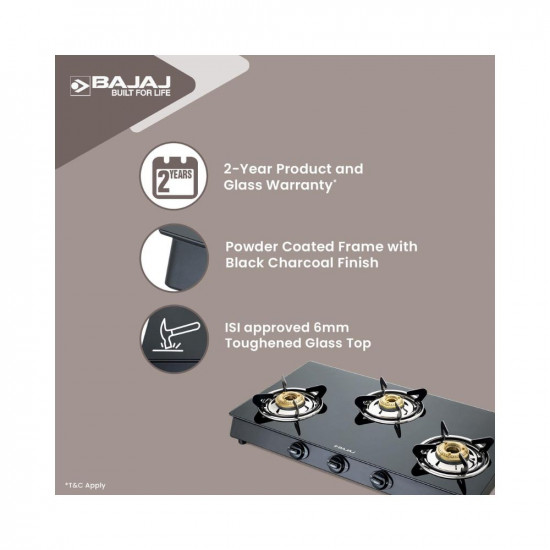 Bajaj NBAI Powder Coated Glasstop Gas Stove with Non Battery Auto Ignition 3 Burner Black