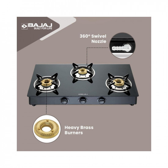 Bajaj NBAI Powder Coated Glasstop Gas Stove with Non Battery Auto Ignition 3 Burner Black