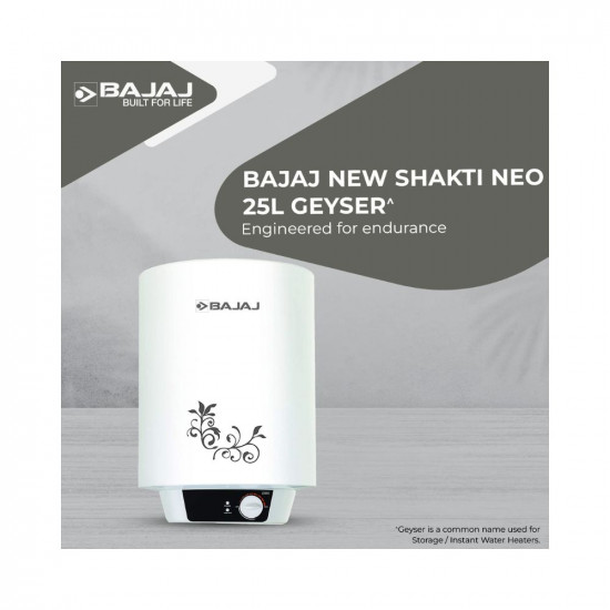 Bajaj New Shakti Neo 25L Vertical Storage Water Heater (Geyser 25 Litres) 4 Star BEE Rated Heater For Water Heating with Titanium Armour, Swirl Flow Technology, Glasslined Tank(White), 1 Yr Warranty