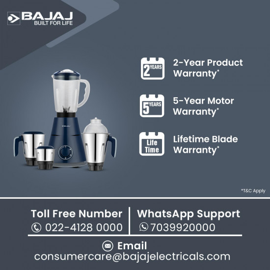 Bajaj Ninja Series Trinity Mixer Grinder 750W 4 Jar DuraCut Blades Powerful 750W Titan MotorFloating Base Design 3 Stainless Steel Mixer Jars  1 Juicer Jar 5-Yr Warranty by Bajaj Royal Blue