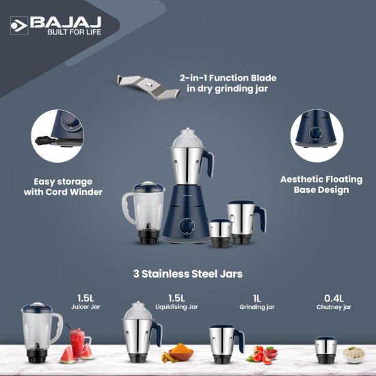 Bajaj Ninja Series Trinity Mixer Grinder 750W 4 Jar DuraCut Blades Powerful 750W Titan MotorFloating Base Design 3 Stainless Steel Mixer Jars  1 Juicer Jar 5-Yr Warranty by Bajaj Royal Blue