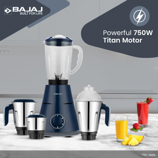 Bajaj Ninja Series Trinity Mixer Grinder 750W 4 Jar DuraCut Blades Powerful 750W Titan MotorFloating Base Design 3 Stainless Steel Mixer Jars  1 Juicer Jar 5-Yr Warranty by Bajaj Royal Blue