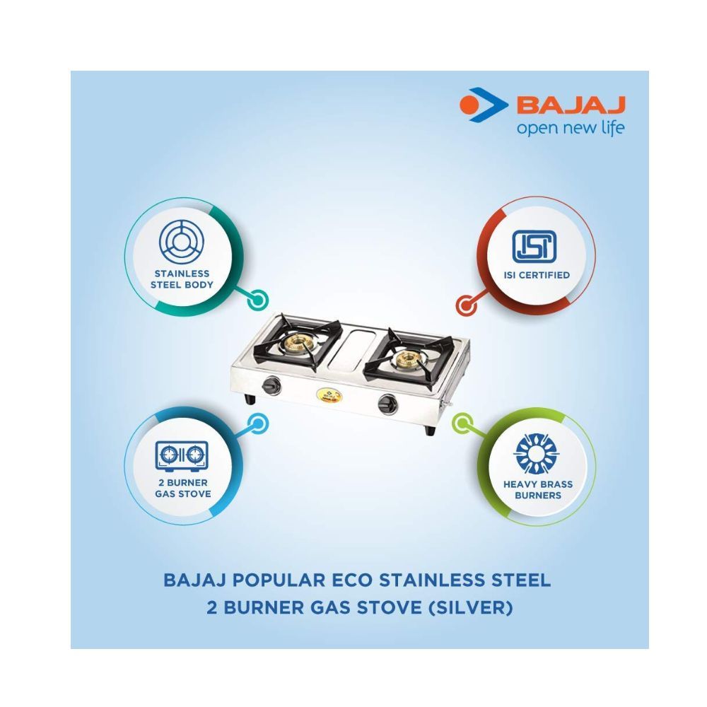 Bajaj Popular Eco, 2-Burner Open Stainless Steel, ISI Certified, Gas Stove (Silver, Black)