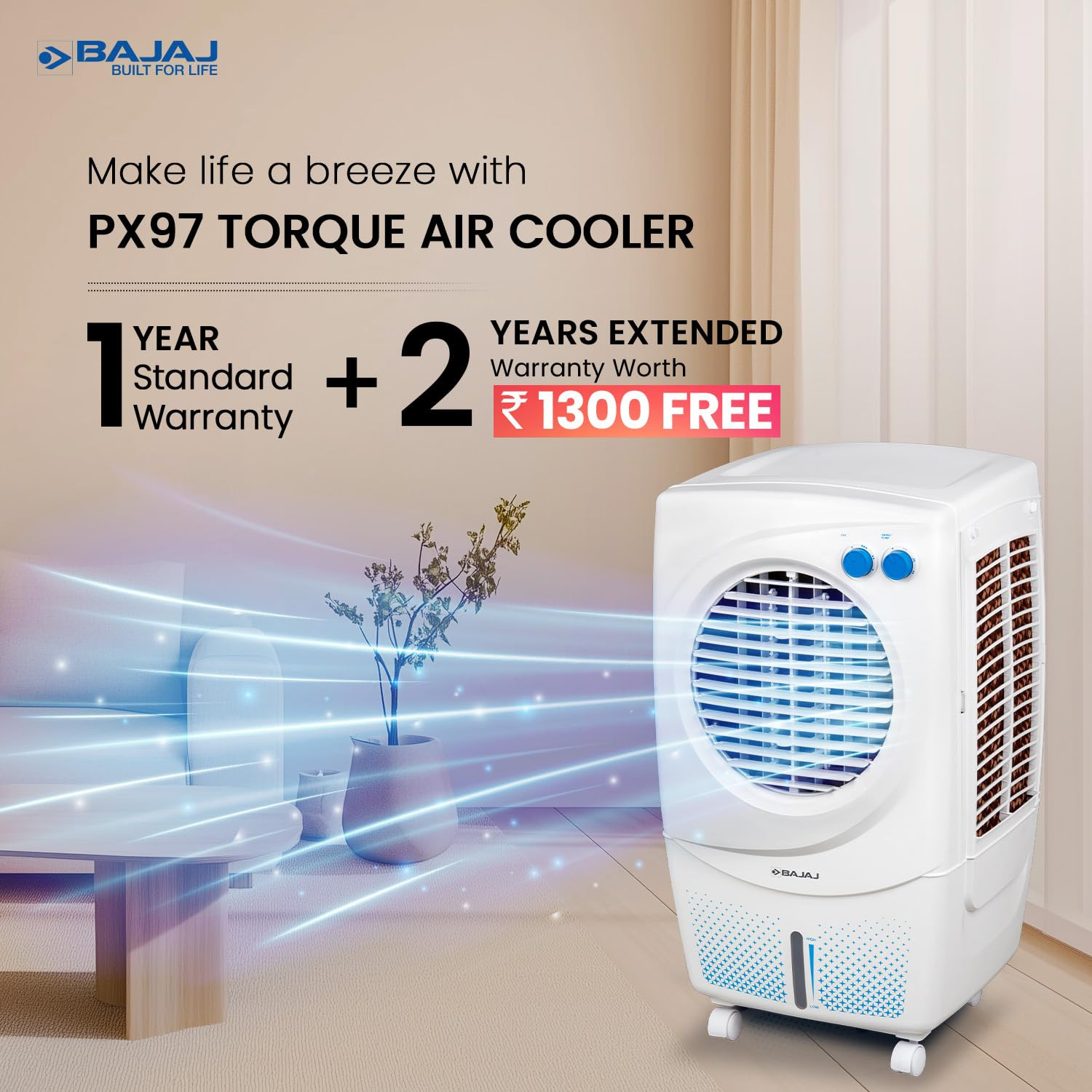 Bajaj PX97 Torque New 36L Personal Air Cooler For Home  High Speed Fan  30Ft Powerful Air Throw  Inverter Compatible  Cooler For Room  3 Yrs 1 Yr Standard  2 Yrs Extended WarrantyWhite