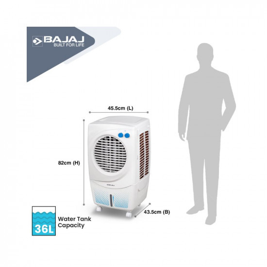 Bajaj PX97 Torque New 36L Personal Air Cooler for Room with DuramarinePump (2-Yr Warranty by Bajaj), Turbofan Technology, Powerful Air Throw & 3-Speed Control, Portable Air Cooler for Home, White