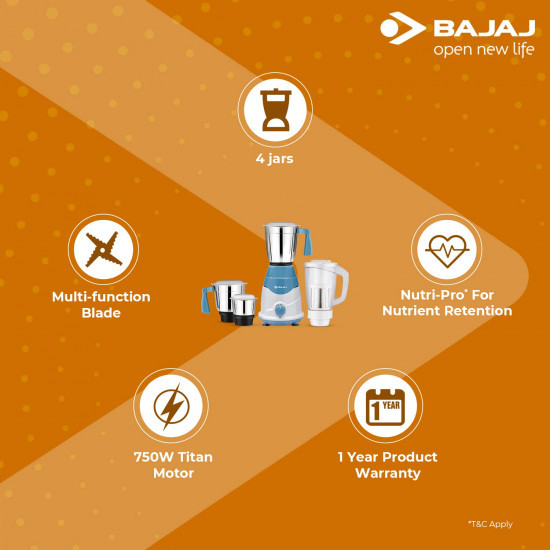 Bajaj Rex DLX Mixer Grinder 750W Mixie For Kitchen With Nutri-Pro Feature4 Stainless Steel Mixer JarsMultifunctional Blade Dry  Wet Grinding Overload Protector1-Yr Warranty By BajajWhiteBlue