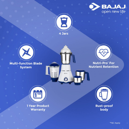 Bajaj Rex Mixer Grinder 750W3 Mixer JarsMixie for Kitchen with Nutri-Pro FeatureTitan Motor-Heavy Duty GrindingAdjustable Speed ControlMultifunctional Blade System1 Yr Warranty By BajajWhite