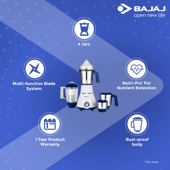 Bajaj Rex Mixer Grinder 750W|3 Mixer Jars|Mixie for Kitchen with Nutri-Pro Feature|Titan Motor-Heavy Duty Grinding|Adjustable Speed Control|Multifunctional Blade System|1 Yr Warranty By Bajaj|White