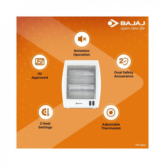 Bajaj RHX-2 Halogen Heater|2 Heat Settings-400W/800W|Noiseless Operation|DuraElement™ With 1-Yr Heating Element Warranty by Bajaj|Convection Room Heater For Winter|2-Yr Warranty By Bajaj|White