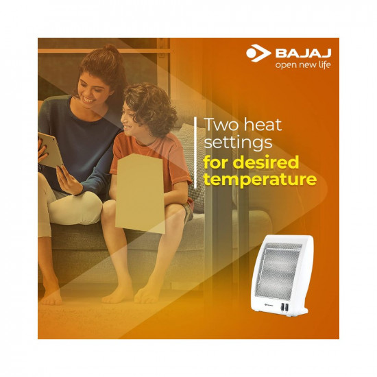 Bajaj RHX-2 Halogen Heater|2 Heat Settings-400W/800W|Noiseless Operation|DuraElement™ With 1-Yr Heating Element Warranty by Bajaj|Convection Room Heater For Winter|2-Yr Warranty By Bajaj|White