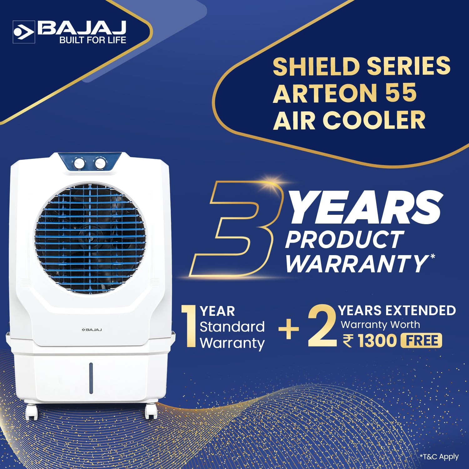 Bajaj Shield Series Arteon 55L Desert Air Cooler For Home  Dual Side Water Inlet  Inverter Compatible  60Ft Air Throw  Ice Chamber  3 Yrs Warranty 1 Yr Standard  2 Yrs Extended WarrantyWhite