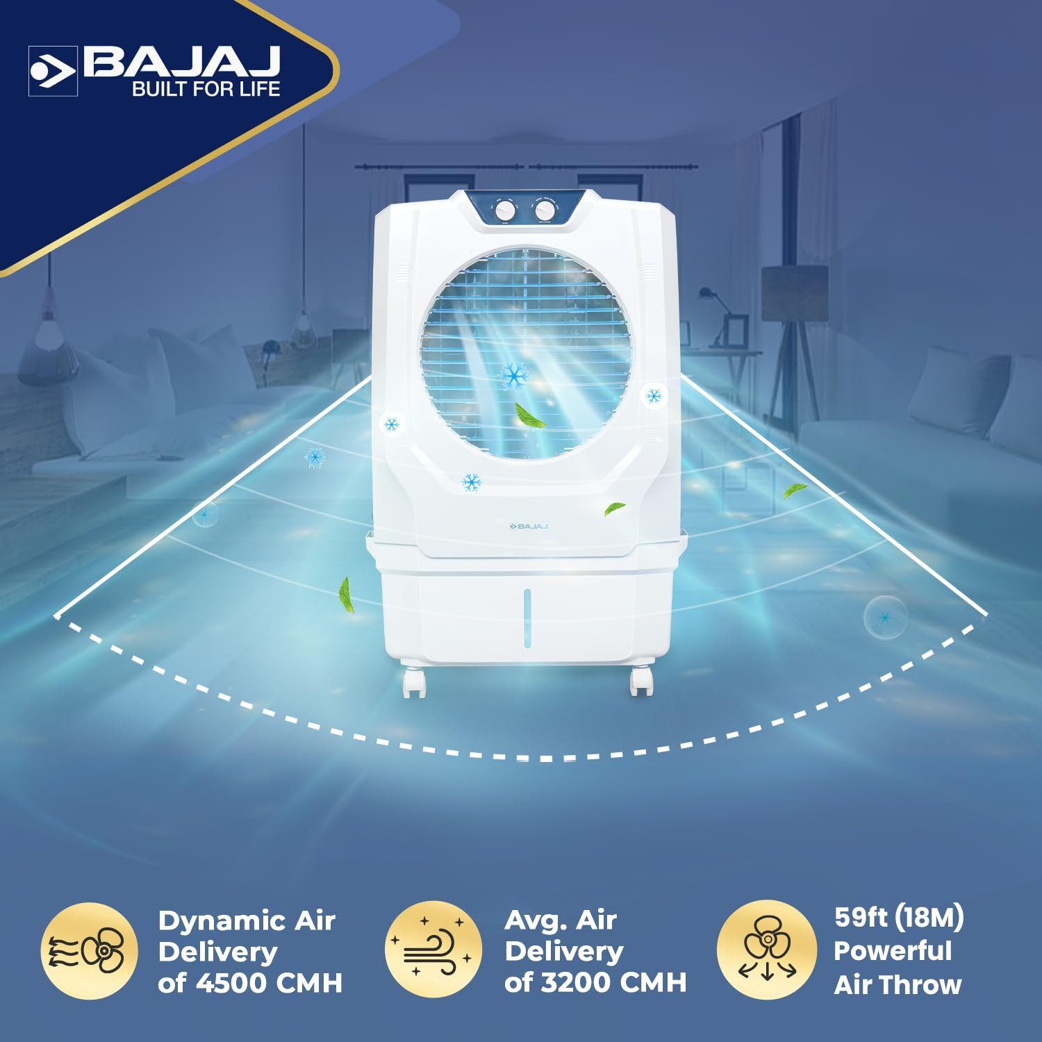 Bajaj Shield Series Arteon 55L Desert Air Cooler For Home  Dual Side Water Inlet  Inverter Compatible  60Ft Air Throw  Ice Chamber  3 Yrs Warranty 1 Yr Standard  2 Yrs Extended WarrantyWhite