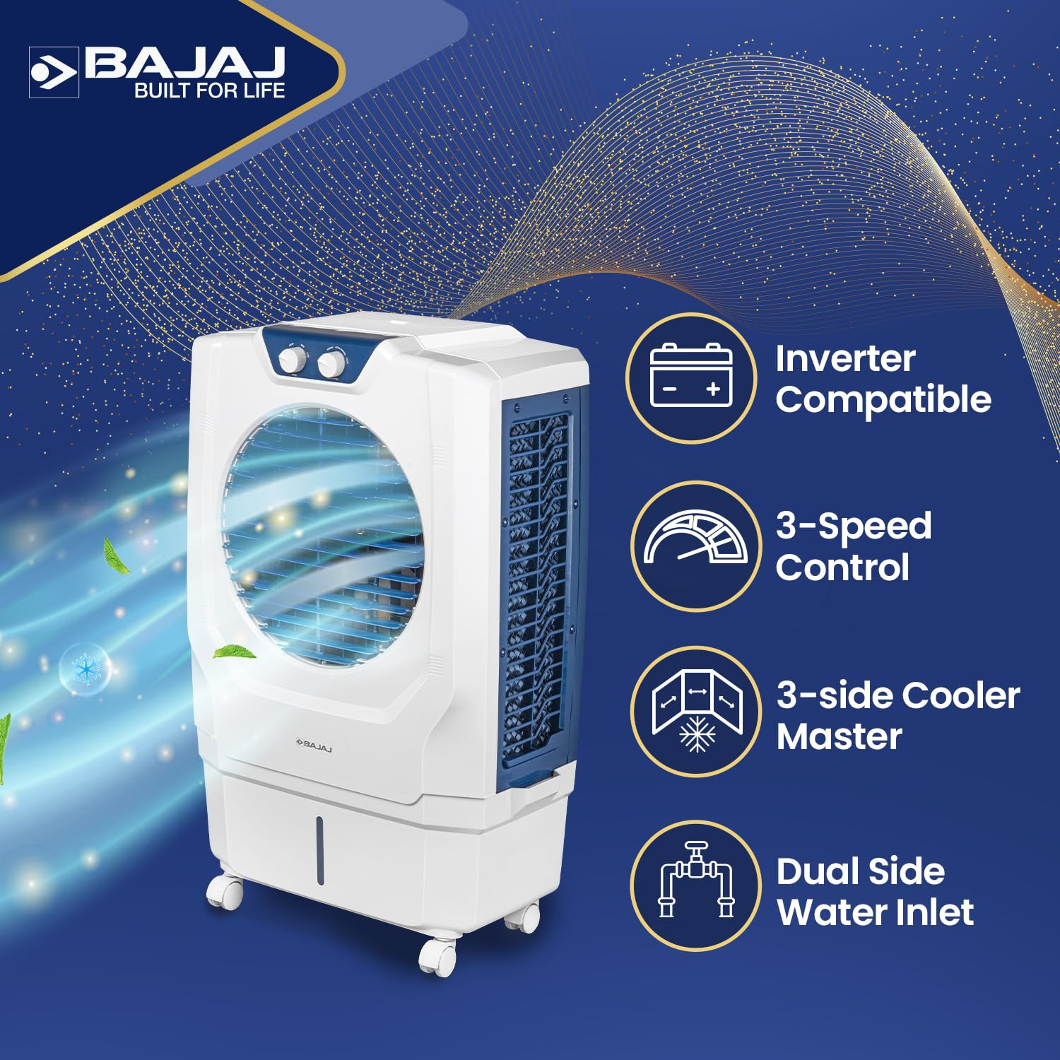 Bajaj Shield Series Arteon 55L Desert Air Cooler For Home  Dual Side Water Inlet  Inverter Compatible  60Ft Air Throw  Ice Chamber  3 Yrs Warranty 1 Yr Standard  2 Yrs Extended WarrantyWhite