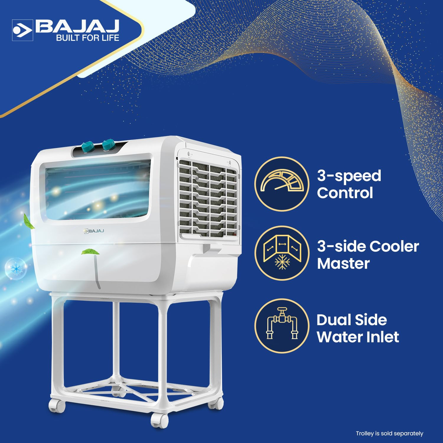 Bajaj Shield Series Vettora 55L Desert Cooler For Home  Inverter Compatibility  Dual Side Water Inlet  Ice Chamber  60-Ft Air Throw  3 Yrs Warranty 1 Yr Standard  2 Yr Extended WarrantyWhite