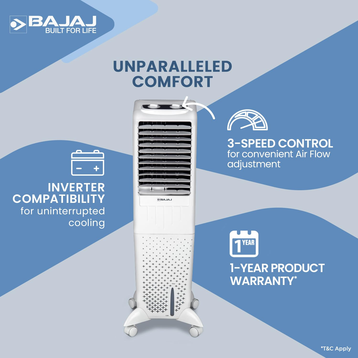 Bajaj TMH35 35L Tower Air Cooler with DuraMarine Pump 2-Yr Warranty by Bajaj Ice Chamber Anti-Bacterial Hexacool Master Typhoon Blower Technology Portable AC White Air Cooler for Home