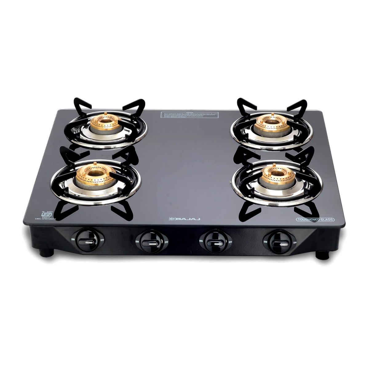 Bajaj Ultra 4 Burner Gas Stove  6mm Toughened Glass top with Charcoal Finish Powder Coasted Frame  4 Brass Burners  1-Yr Warranty  by Bajaj  Black