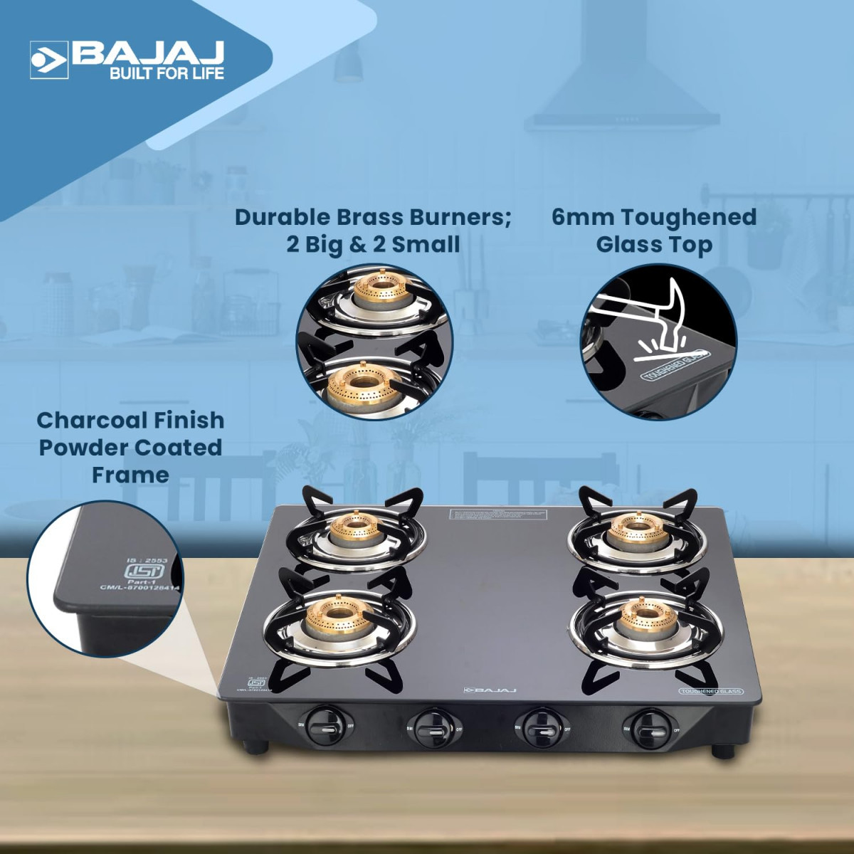 Bajaj Ultra 4 Burner Gas Stove  6mm Toughened Glass top with Charcoal Finish Powder Coasted Frame  4 Brass Burners  1-Yr Warranty  by Bajaj  Black
