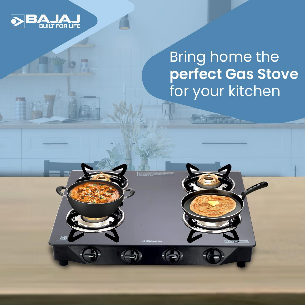 Bajaj Ultra 4 Burner Gas Stove  6mm Toughened Glass top with Charcoal Finish Powder Coasted Frame  4 Brass Burners  1-Yr Warranty  by Bajaj  Black
