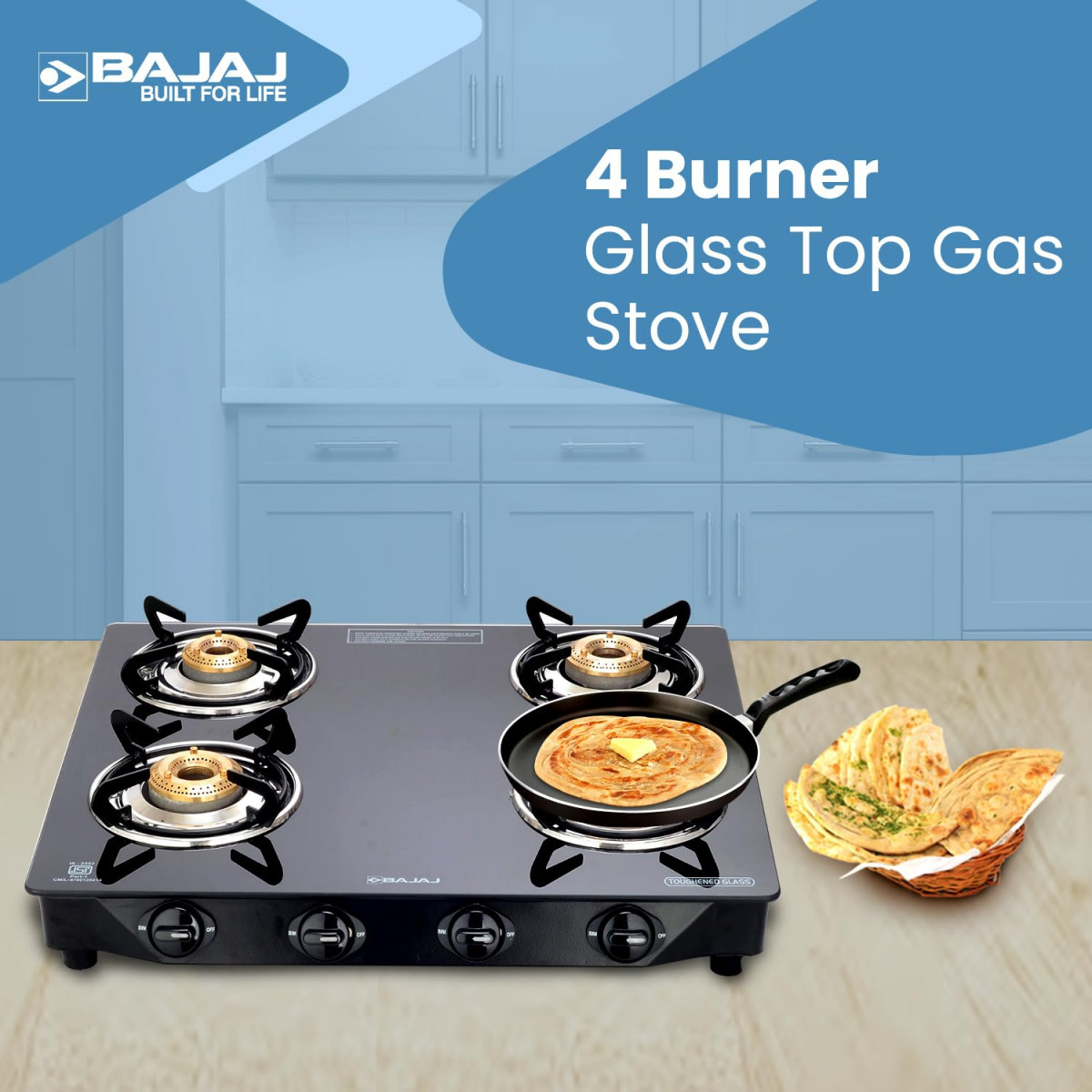 Bajaj Ultra 4 Burner Gas Stove  6mm Toughened Glass top with Charcoal Finish Powder Coasted Frame  4 Brass Burners  1-Yr Warranty  by Bajaj  Black