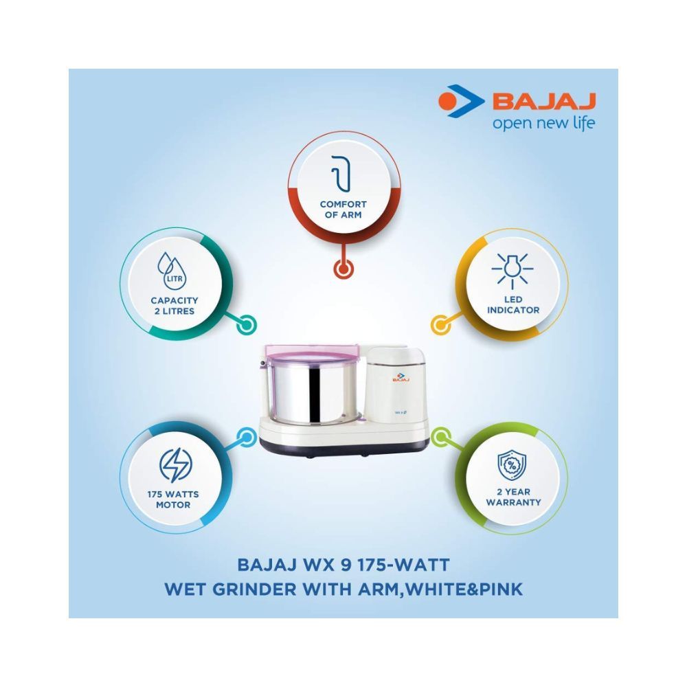 Bajaj WX 9 175-Watt Wet Grinder with ArmWhite  Pink